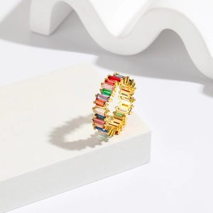 Rainbow eternity ring in 18K gold plating with multi-color rectangular zircon stones