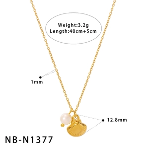 Detail of gold necklace with pearl and shell pendants including dimensions and 3.2g weight