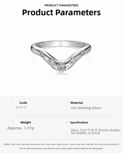Technical specifications of the V-shaped S925 sterling silver ring with cubic zirconia