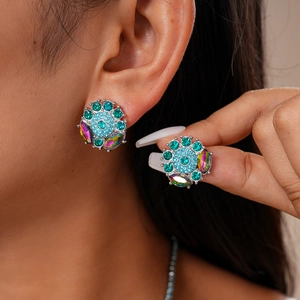 Vintage floral crystal stud earrings with blue and green rhinestones for women