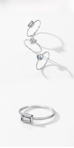 S925 silver rings with emerald, heart, and cushion cut zircon stones in a detailed view