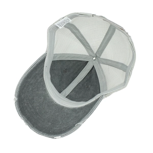 Unisex washed vintage trucker hat with distressed brim and breathable grey mesh back