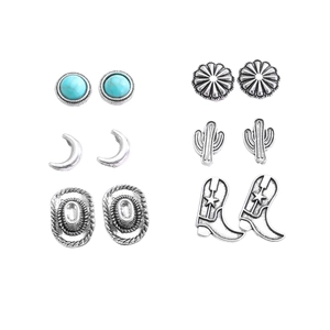 Lot de 6 paires de boucles d'oreilles style western cowboy avec turquoise et argent