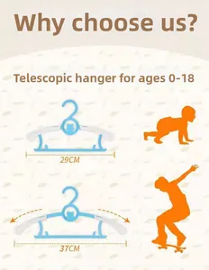 Adjustable kids' hanger extending from 29cm to 37cm for ages 0-18 years old