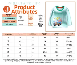 Tabella taglie dettagliata per t-shirt da bambino a maniche lunghe a righe con misure complete