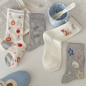 Cute Korean style summer mesh socks with puppy and bear embroidery in grey and white colors