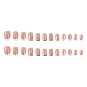 Short square press-on nails with French gold lines and glitter in natural nude pink finish