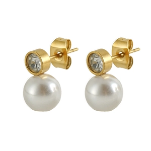Boucles d'oreilles en acier inoxydable doré 18k avec cristal rond et perle blanche