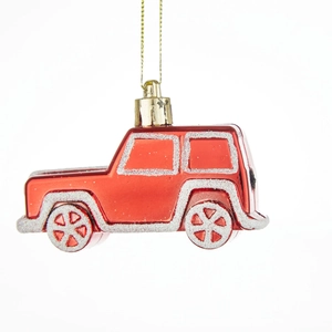 Red Christmas jeep car hanging ornament with silver glitter details for tree decor