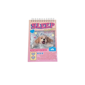 Cute pink spiral notebook featuring a yawning puppy and Sleep text design