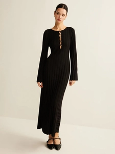 Knit Maxi Dress Ribbed Long Flare Sleeve Button Cutout Slim Fit Elegant Office Commute Casual Fall Winter For Women