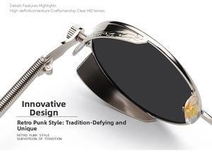 Detail of retro punk sunglasses showing silver metal frame with engraved textures