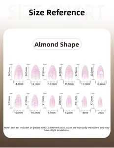 Size chart detail for almond shape press-on nails showing lengths and widths in millimeters