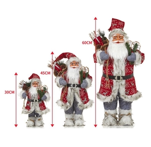 Detailed size comparison of 30cm, 45cm, and 60cm plush Santa Claus figurines