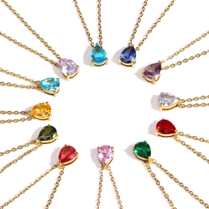 Golden stainless steel necklaces featuring colorful teardrop-shaped zircon pendants