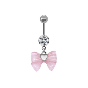 Silver belly button ring featuring a sparkling zircon and pink bow heart pendant