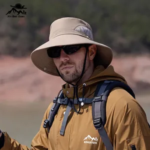 Men's khaki wide brim sun hat with breathable mesh and adjustable chin strap