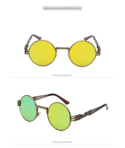 Macro view of steampunk metal round sunglasses with antique bronze brushed finish and C16 lens