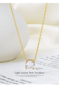 Detailed close-up of a four-prong set sparkling zircon pendant on a luxury gold chain