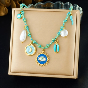 Bohemian Pendant Necklace Stainless Steel Woven Rope Evil Eye Moon Sun Shell Faux Artificial Pearl Summer Beach Jewelry For Women