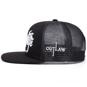 Black trucker hat with white Outlaw embroidery and breathable mesh side view