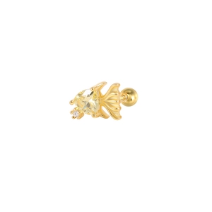 Detailed view of a gold-plated 925 silver fish stud earring with yellow gemstone and ball back