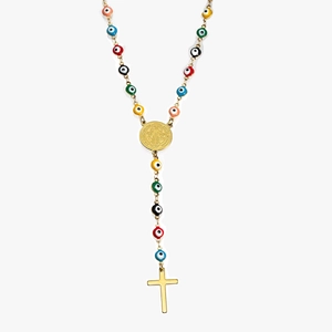 Religious rosary necklace with golden cross, medal and colorful evil eye beads on white