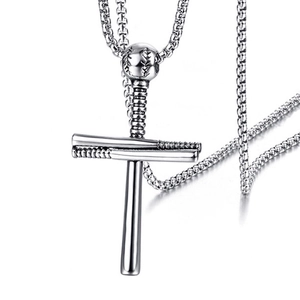 Vintage titanium steel baseball cross pendant necklace with pearl chain on white background