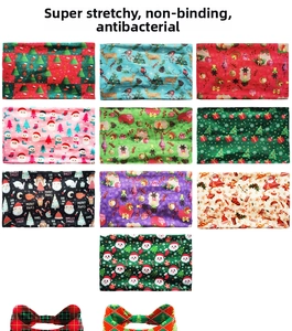 Detail showing elastic Christmas headbands with festive patterns and Merry Xmas text