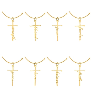 Set of 8 gold stainless steel cross necklaces with engraved inspirational words on snake chains