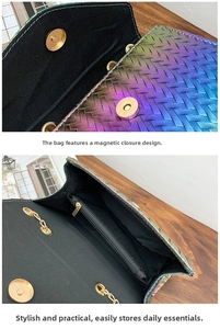 Détails du sac tressé holographique avec fermoir magnétique et doublure intérieure noire