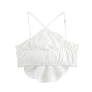 Detail view of white camisole back featuring elastic band and 3D floral petal hemline