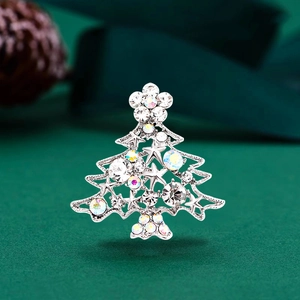 Elegant silver Christmas tree brooch with sparkling crystal rhinestones for women