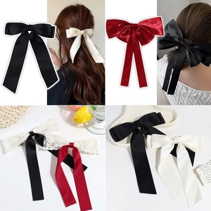 Large Bow Hair Clip With Long Streamers Satin Lace Faux Artificial Pearl French Elegant Hair Accessory For Women Girls