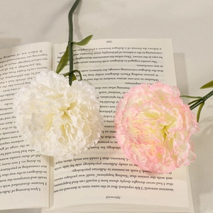 Artistic close-up of pink and white artificial carnations on an open vintage book