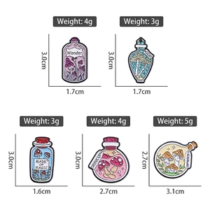 Five unique mushroom potion enamel pins featuring magic bottle designs in vibrant colors