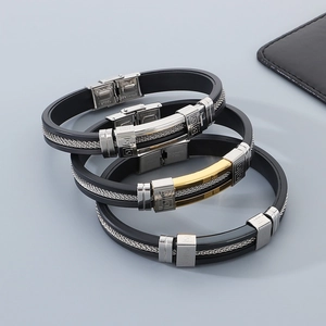Men's black silicone bracelet with gold stainless steel Greek key and mesh design