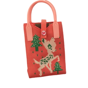 Knitted handbag with red deer and Christmas tree patterns and pink handles