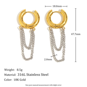 Elegant 18K gold plated stainless steel chain tassel earrings with dimension specifications