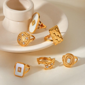 Vintage 18k gold plated stainless steel ring set with shell inlay and cubic zirconia
