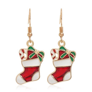Detail of red and white Christmas stocking earrings with green enamel accent