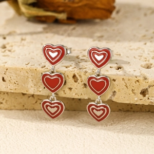 S925 sterling silver triple heart enamel drop earrings in red and silver finish