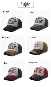Detailed grid of distressed baseball caps in six colors with vintage wolf embroidery