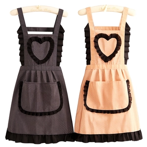 Polka dot canvas aprons with heart-shaped cutout and ruffled edges for kitchen and cafe