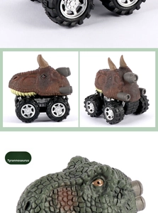 Detailed views of Tyrannosaurus Rex toy cars with large off-road wheels and shock springs