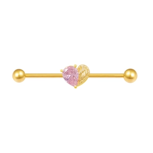 Gold industrial barbell with pink heart zircon and wings on white background