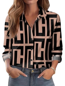 Damen Langarmhemd mit Reverskragen und schwarz-rosa geometrischem Labyrinth-Print