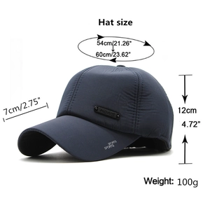 Detailed size chart of a dark blue baseball cap with sports logo and ear flaps
