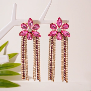 Elegant vintage flower tassel earrings with pink rhinestones and long silver fringe detail