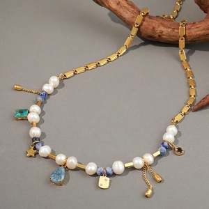 Vintage Freshwater Pearl Necklace Gold Plated Stainless Steel With Natural Stone Star Water Drop Pendant For Women